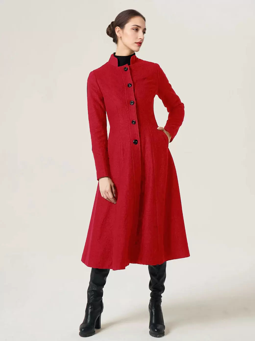 Stand Collar Buttons Outerwear Solid Waist Elegant And Vintage Coat