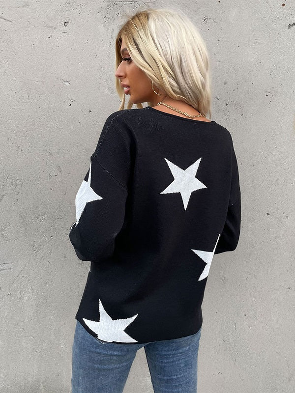 Stars Printed Jewel Neck Long Sleeves Stretch Polyester Sweaters