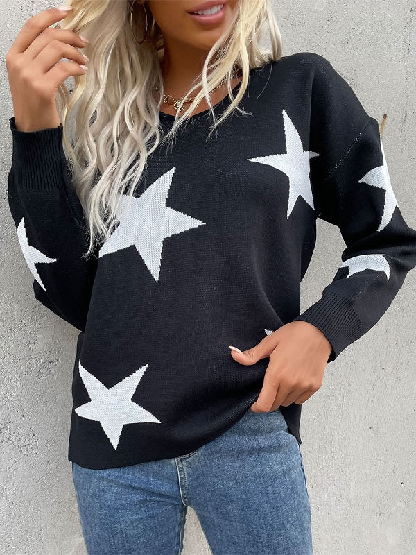 Stars Printed Jewel Neck Long Sleeves Stretch Polyester Sweaters