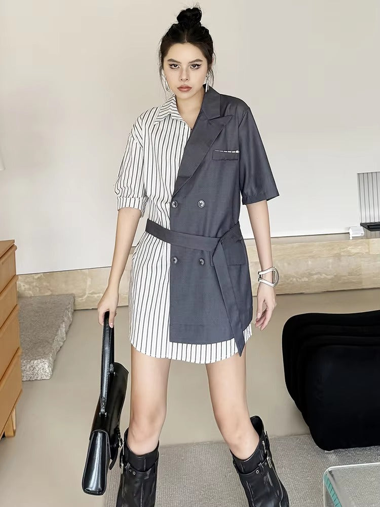 Striped Belted Single Breasted Big Size Lapel Short Sleeve Long Blazer