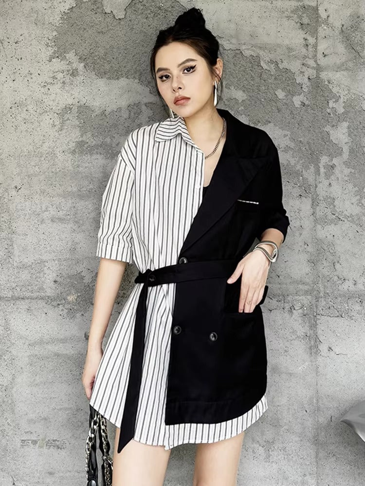 Striped Belted Single Breasted Big Size Lapel Short Sleeve Long Blazer