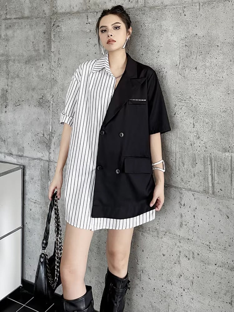 Striped Belted Single Breasted Big Size Lapel Short Sleeve Long Blazer