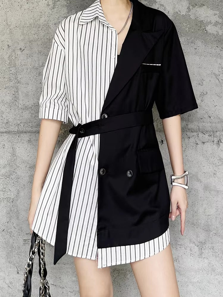 Striped Belted Single Breasted Big Size Lapel Short Sleeve Long Blazer