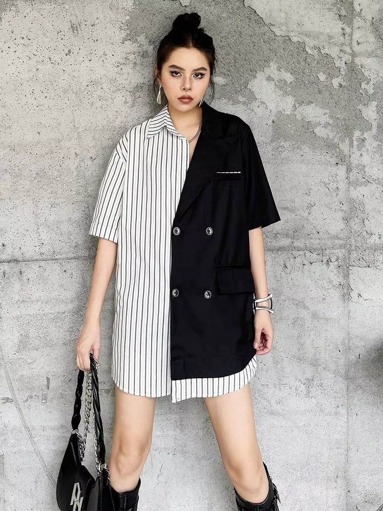 Striped Belted Single Breasted Big Size Lapel Short Sleeve Long Blazer