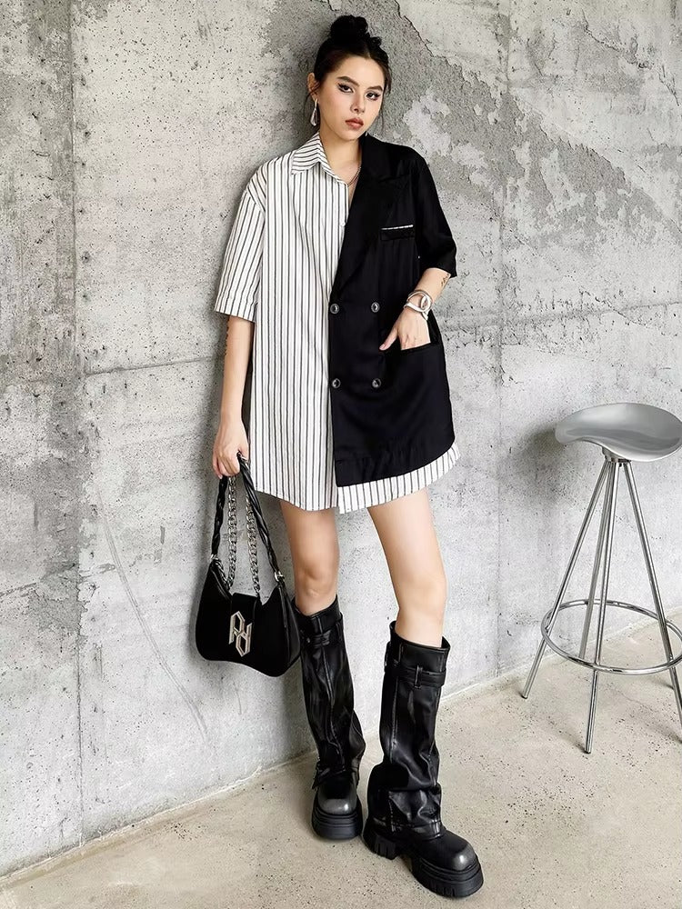 Striped Belted Single Breasted Big Size Lapel Short Sleeve Long Blazer