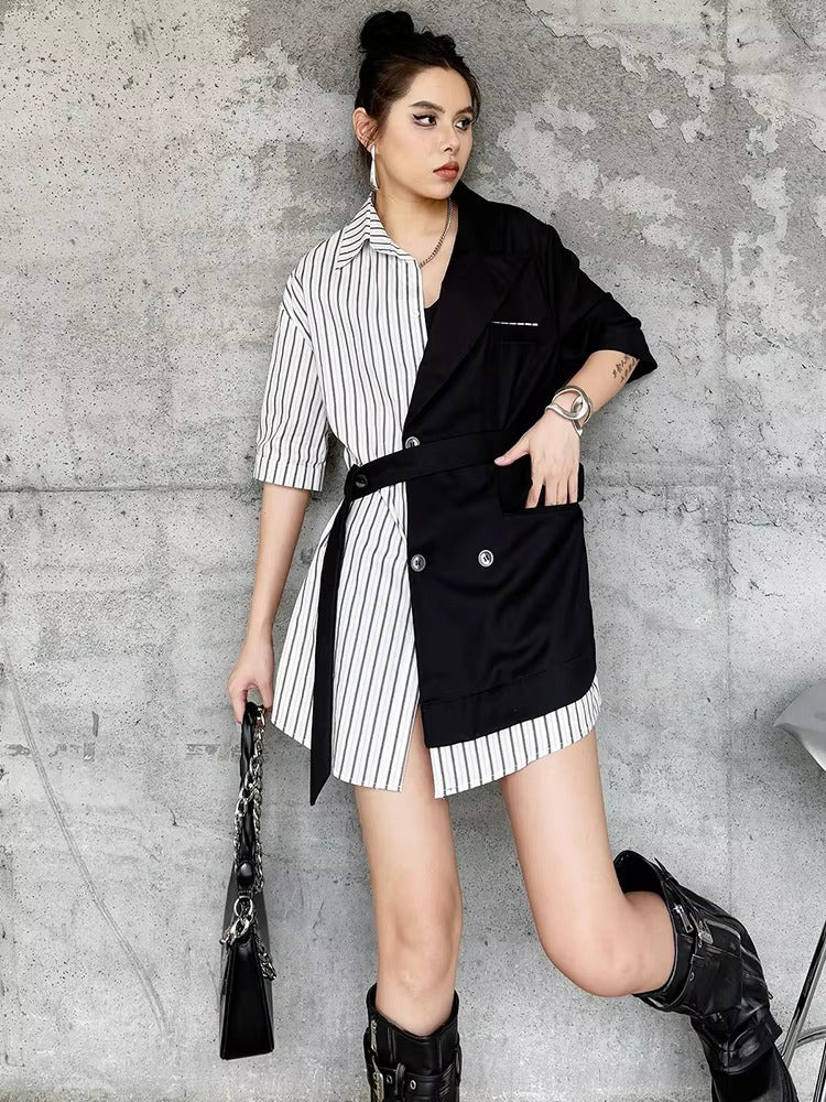 Striped Belted Single Breasted Big Size Lapel Short Sleeve Long Blazer