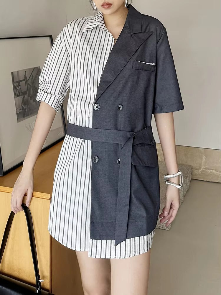 Striped Belted Single Breasted Big Size Lapel Short Sleeve Long Blazer