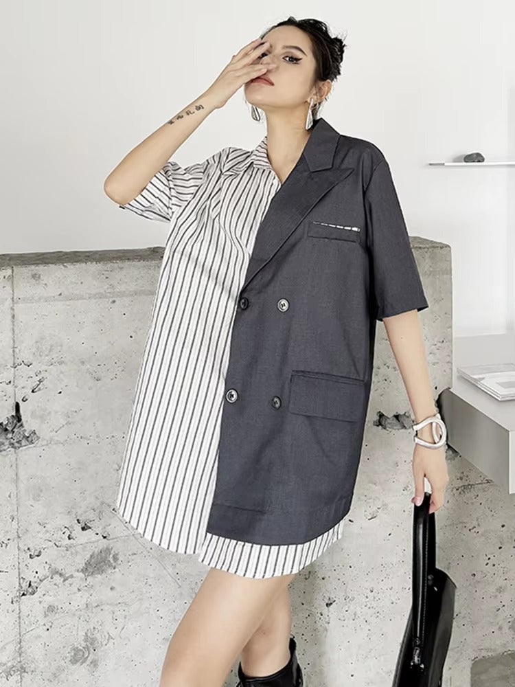 Striped Belted Single Breasted Big Size Lapel Short Sleeve Long Blazer