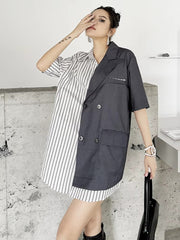 Striped Belted Single Breasted Big Size Lapel Short Sleeve Long Blazer