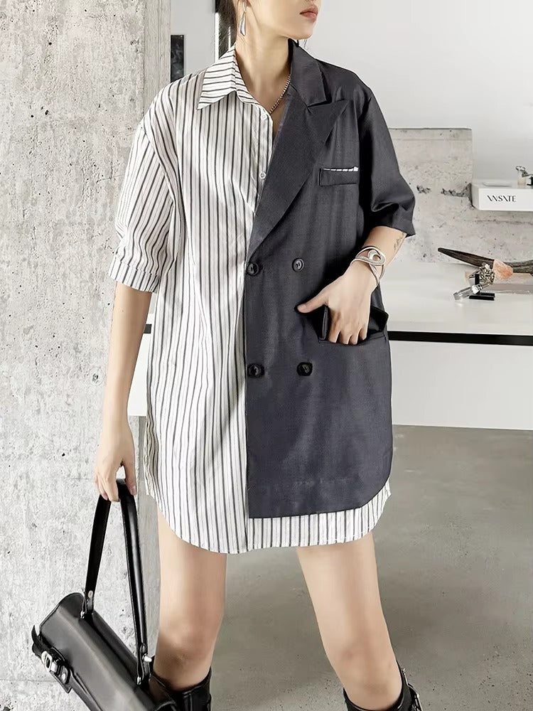 Striped Belted Single Breasted Big Size Lapel Short Sleeve Long Blazer