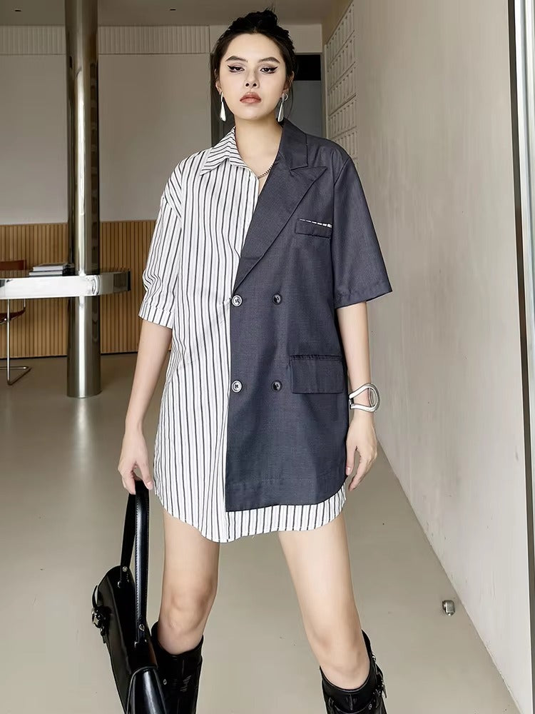 Striped Belted Single Breasted Big Size Lapel Short Sleeve Long Blazer