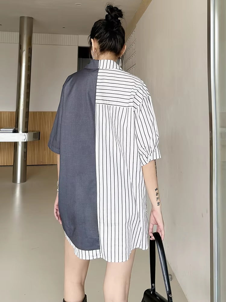 Striped Belted Single Breasted Big Size Lapel Short Sleeve Long Blazer