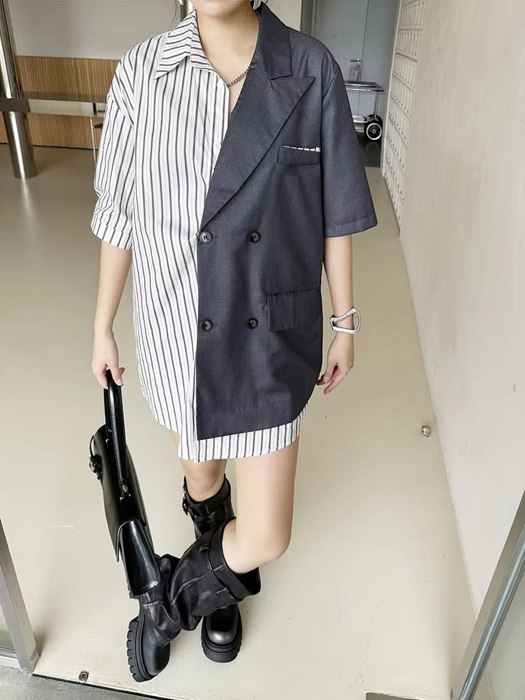 Striped Belted Single Breasted Big Size Lapel Short Sleeve Long Blazer