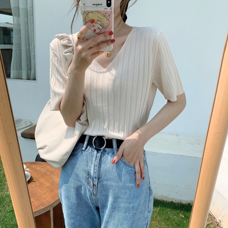 Striped Half Sleeve Basic Tops
