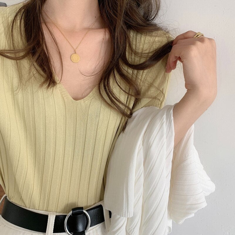 Striped Half Sleeve Basic Tops