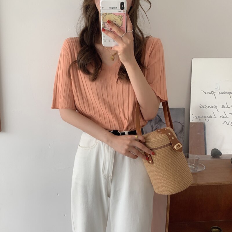 Striped Half Sleeve Basic Tops