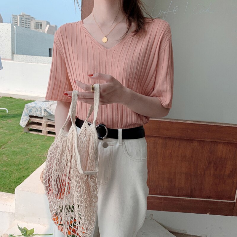 Striped Half Sleeve Basic Tops