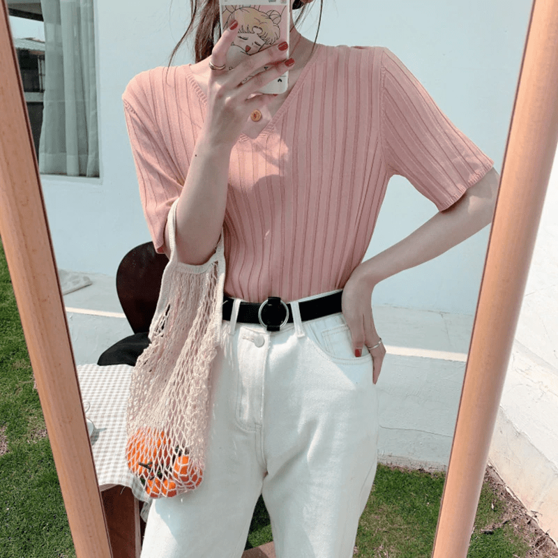 Striped Half Sleeve Basic Tops