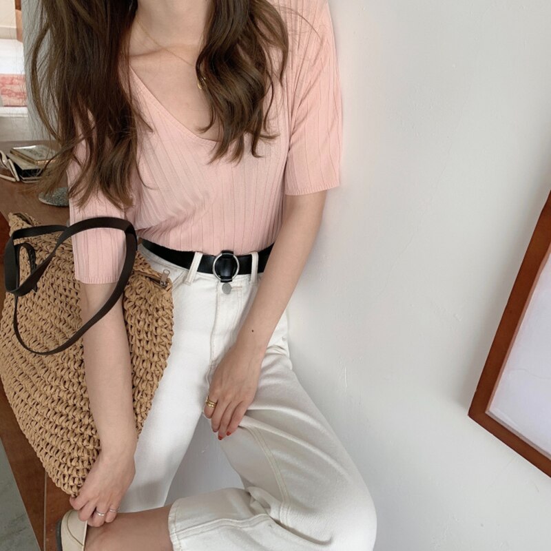 Striped Half Sleeve Basic Tops