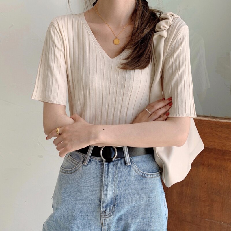 Striped Half Sleeve Basic Tops