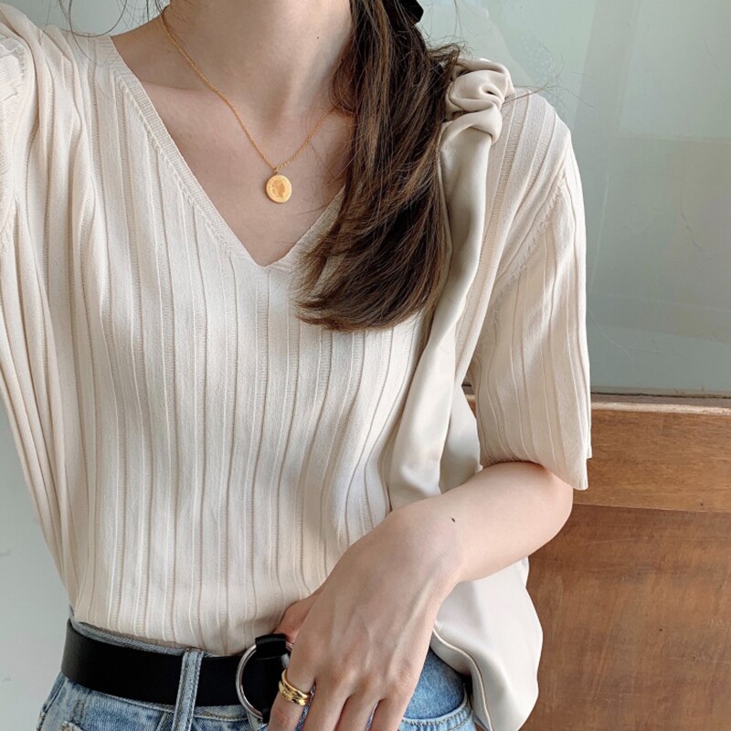 Striped Half Sleeve Basic Tops
