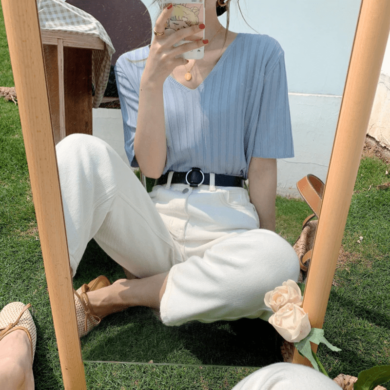 Striped Half Sleeve Basic Tops