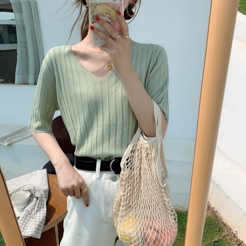 Striped Half Sleeve Basic Tops