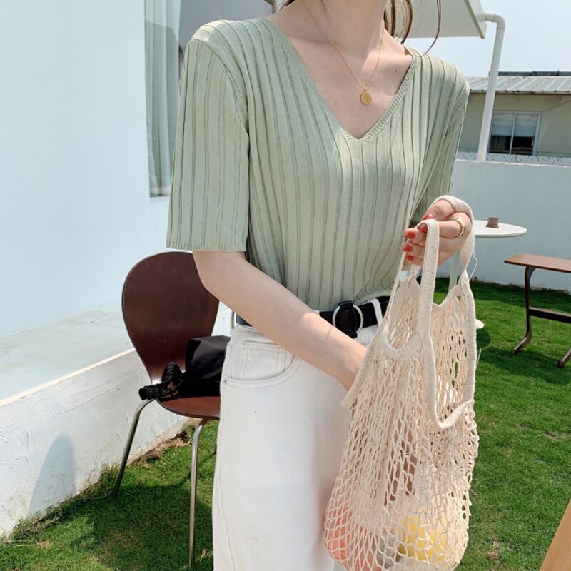 Striped Half Sleeve Basic Tops