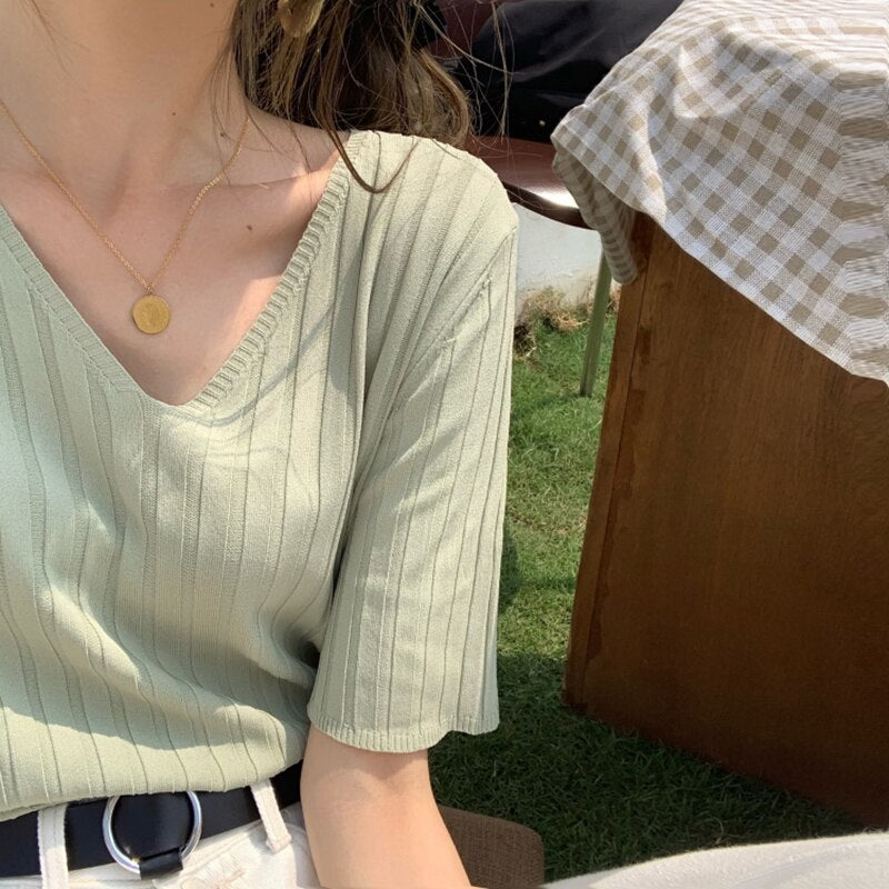 Striped Half Sleeve Basic Tops