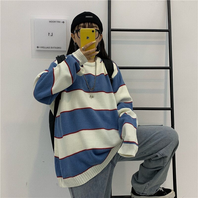 Striped Knitted Loose O-Neck Long Sleeve Sweater