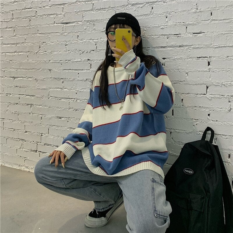 Striped Knitted Loose O-Neck Long Sleeve Sweater