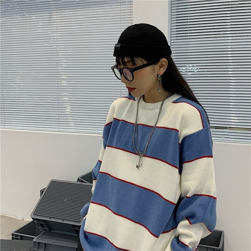 Striped Knitted Loose O-Neck Long Sleeve Sweater