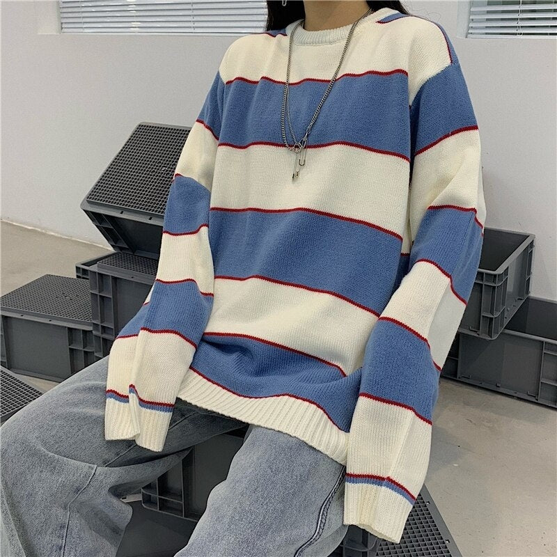 Striped Knitted Loose O-Neck Long Sleeve Sweater