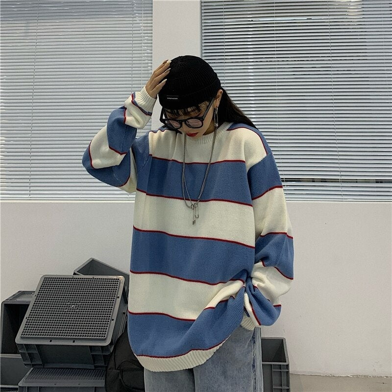 Striped Knitted Loose O-Neck Long Sleeve Sweater