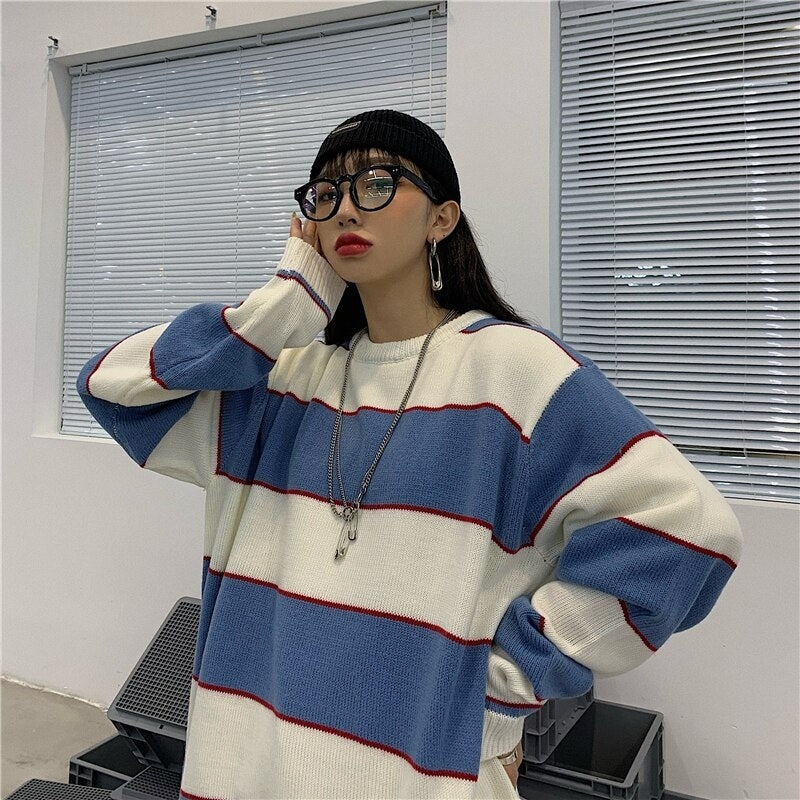 Striped Knitted Loose O-Neck Long Sleeve Sweater
