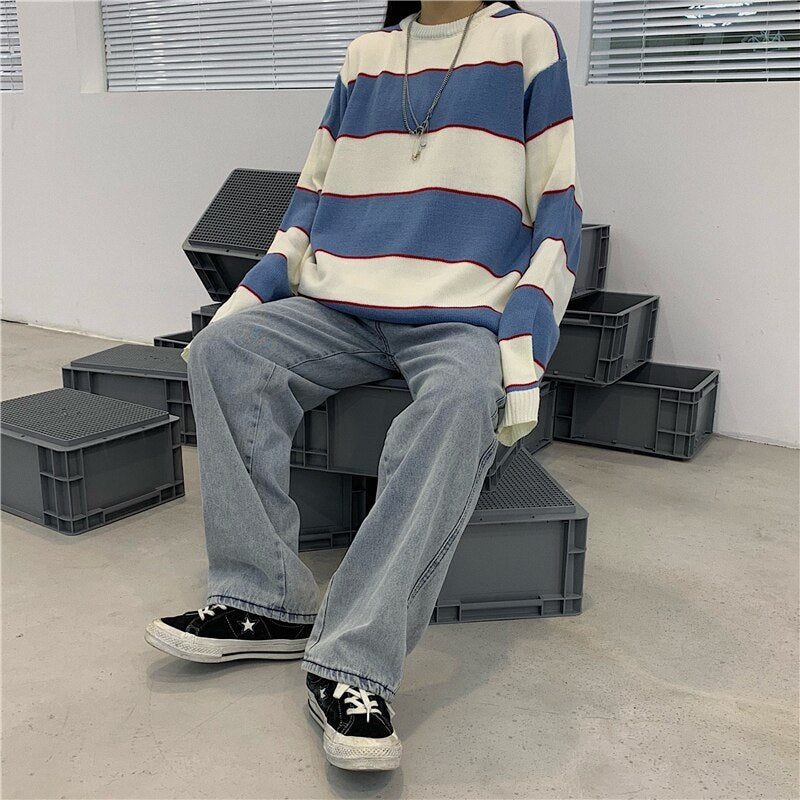 Striped Knitted Loose O-Neck Long Sleeve Sweater