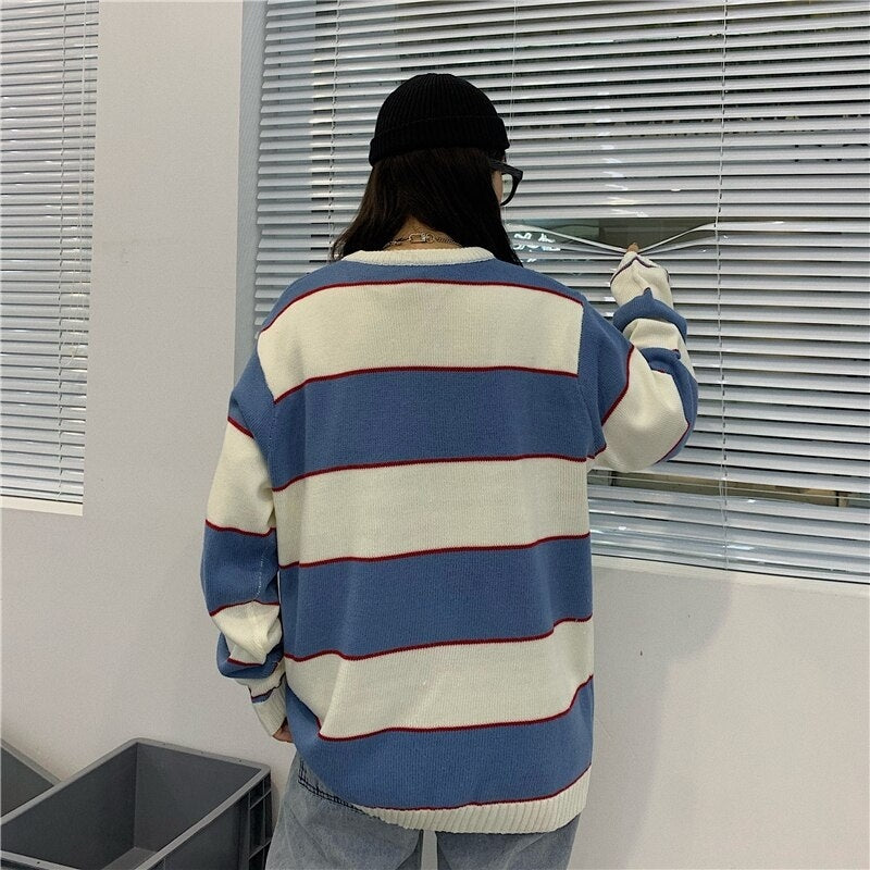 Striped Knitted Loose O-Neck Long Sleeve Sweater