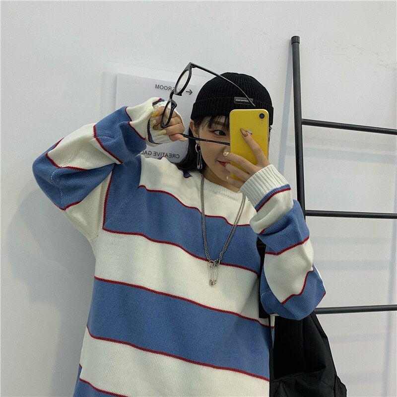 Striped Knitted Loose O-Neck Long Sleeve Sweater