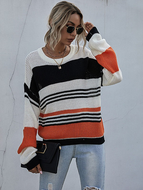 Stripes Color Block Jewel Neck Long Sleeves Cotton Sweaters