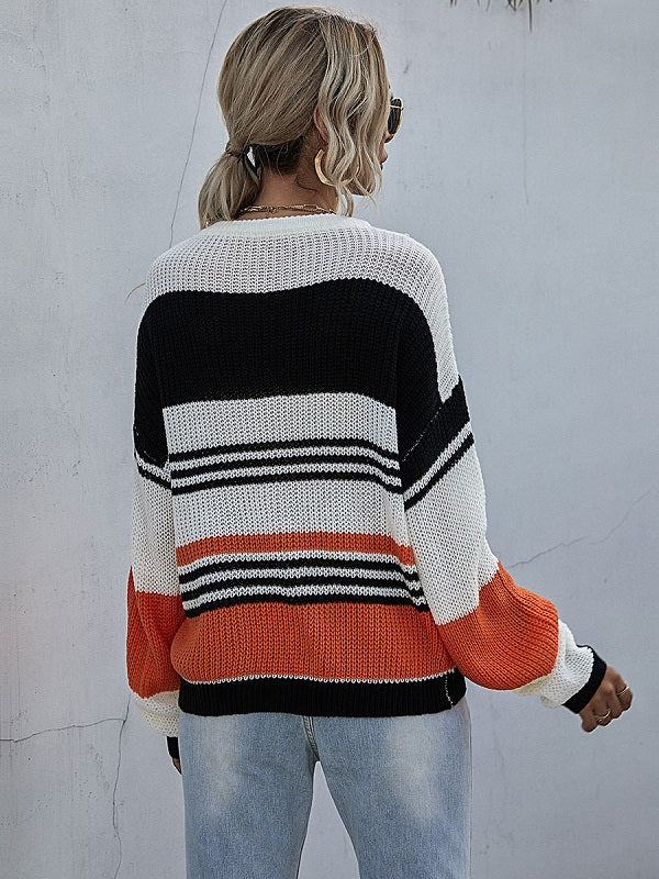 Stripes Color Block Jewel Neck Long Sleeves Cotton Sweaters