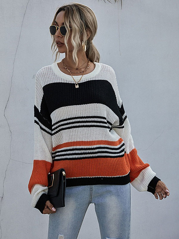 Stripes Color Block Jewel Neck Long Sleeves Cotton Sweaters