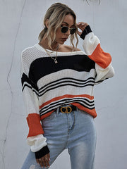 Stripes Color Block Jewel Neck Long Sleeves Cotton Sweaters