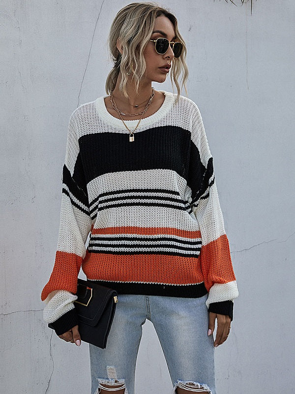 Stripes Color Block Jewel Neck Long Sleeves Cotton Sweaters