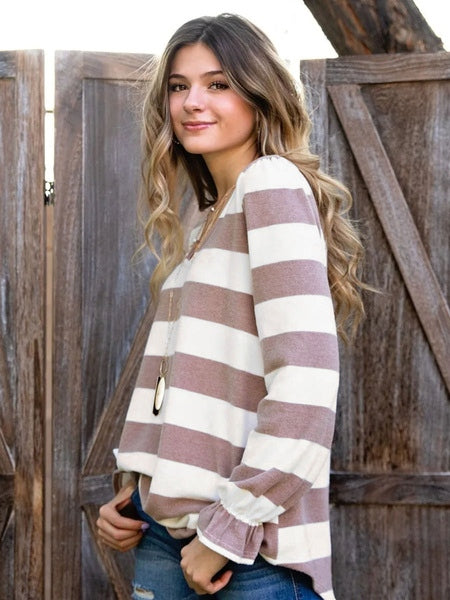 Stripes Long Sleeves Polyester Jewel Neck T Shirt