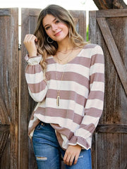 Stripes Long Sleeves Polyester Jewel Neck T Shirt