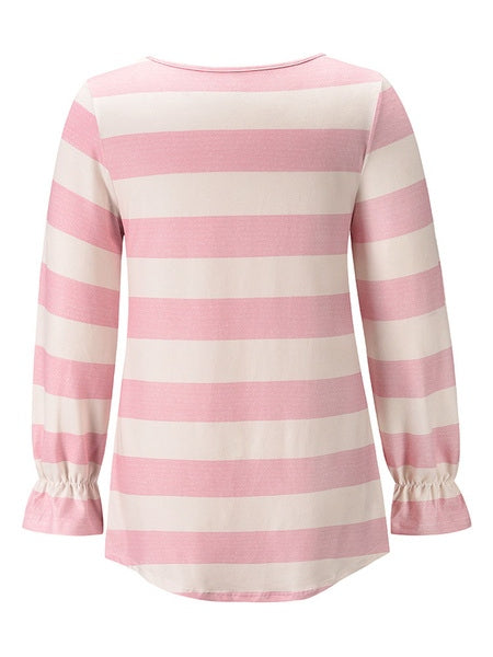 Stripes Long Sleeves Polyester Jewel Neck T Shirt