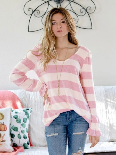 Stripes Long Sleeves Polyester Jewel Neck T Shirt