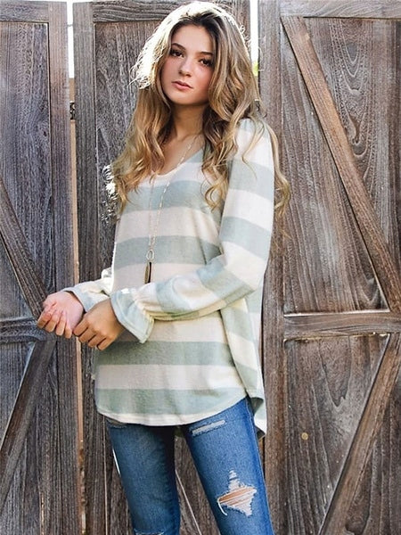 Stripes Long Sleeves Polyester Jewel Neck T Shirt