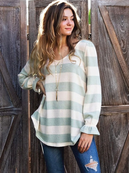 Stripes Long Sleeves Polyester Jewel Neck T Shirt