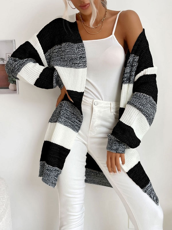 Stripes Piping Long Sleeves Stretch Sweaters Cardigans